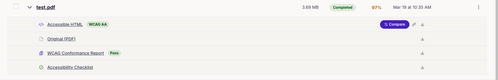 Screenshot: Expanded file row with download options