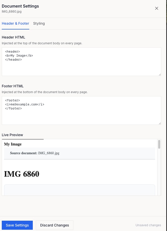 Screenshot: Document Settings — Header & Footer tab