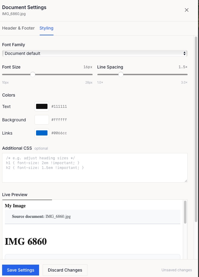Screenshot: Document Settings — Styling tab